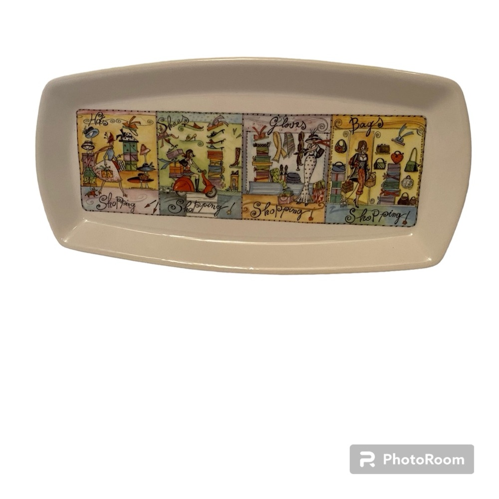 BRUNELLI TRAY SERVEWARE ITALY RETIRED WHITE PORCELAIN SHOPPING SCENES RECTANGLE